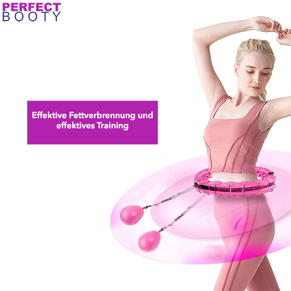 Frau mit rosa Fitness-Hula-Hoop-Reifen, effektives Training, Fettverbrennung, Sportbekleidung.