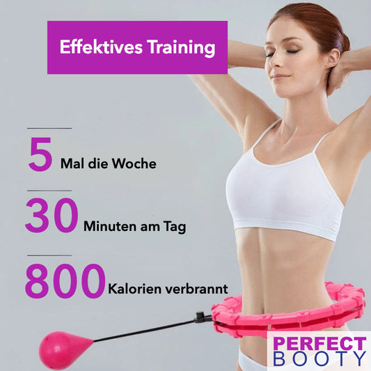 Frau mit pinkem Fitness-Hula-Hoop-Reifen, effektives Training, Kalorienverbrennung.
