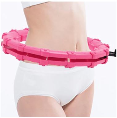 Frau mit rosa Fitness-Hula-Hoop-Reifen, verstellbar, für Bauchmuskeltraining.