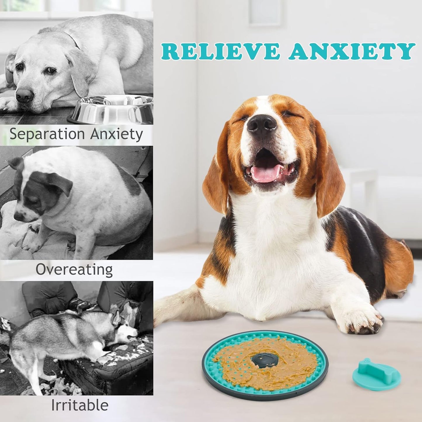 Beagle mit Schleckmatte, lindert Trennungsangst, Überessen, Reizbarkeit, Haustierbedarf.