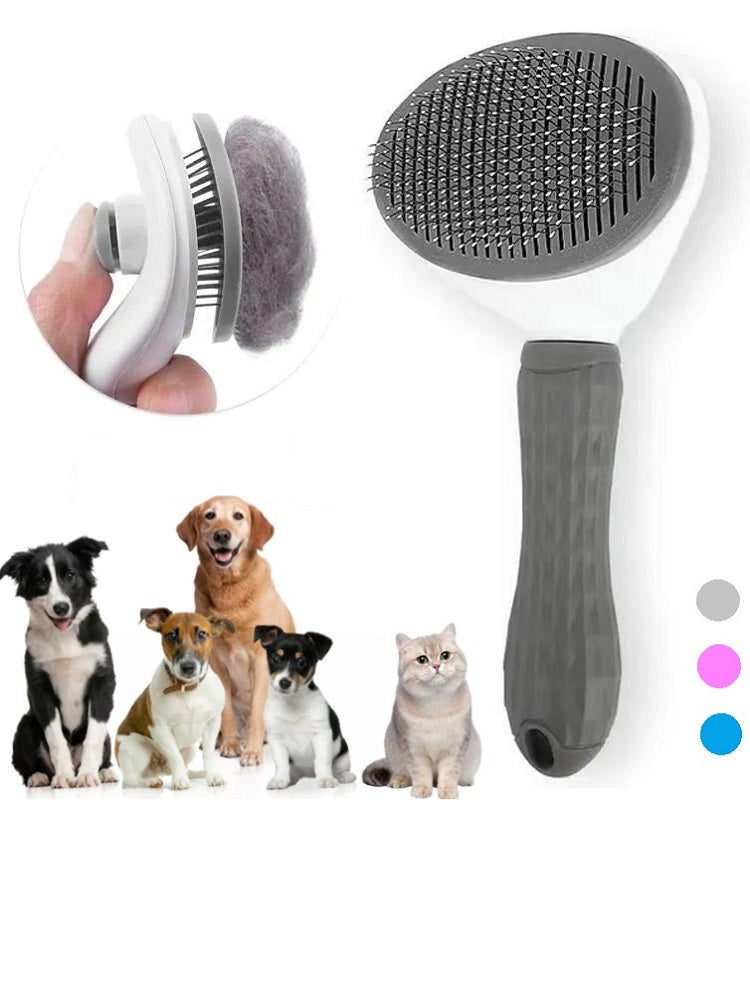 Selbstreinigende Haustierbürste, grau, für Hunde und Katzen, Fellpflege, ergonomischer Griff.