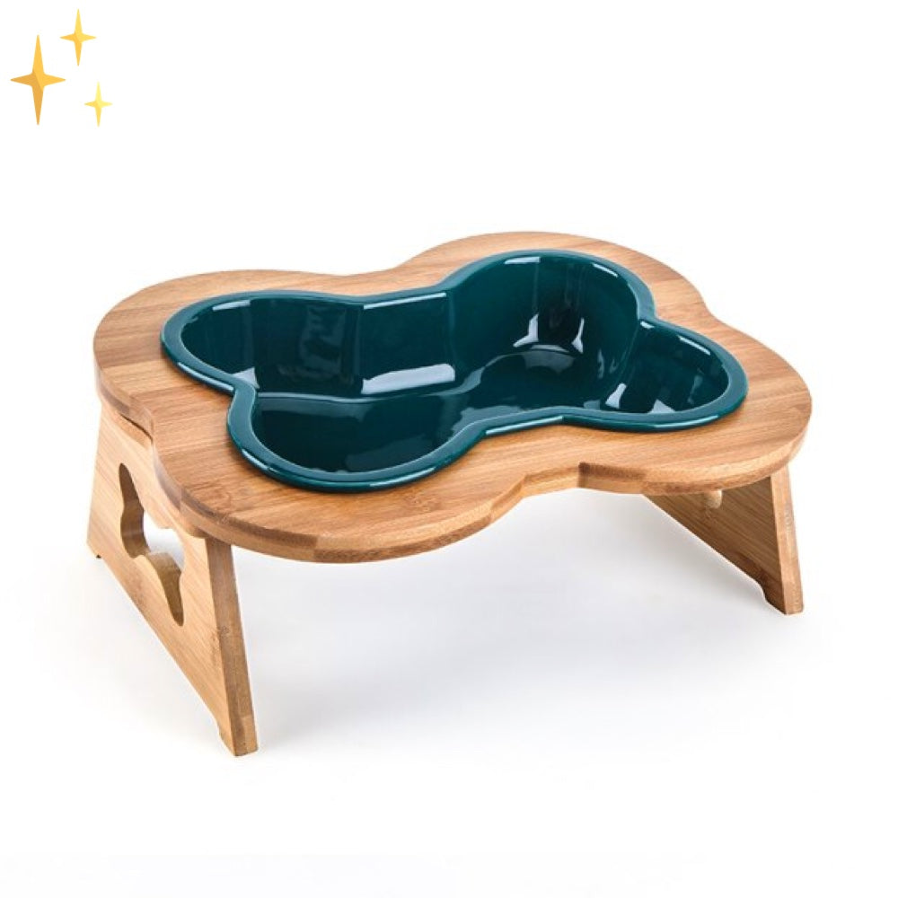 Erhöhter Hundenapf aus Holz mit grünem Keramik-Einsatz, Knochenform, Futternapf für Hunde.
