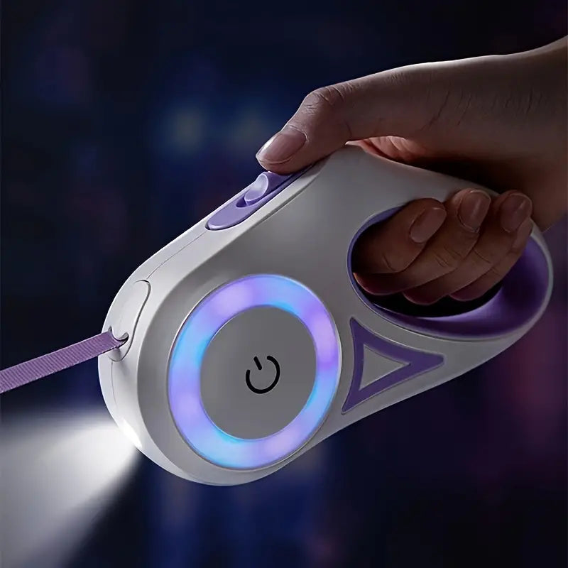 LED-Hundeleine mit Taschenlampe, weiß-lila, ergonomisch, für Nachtspaziergänge.