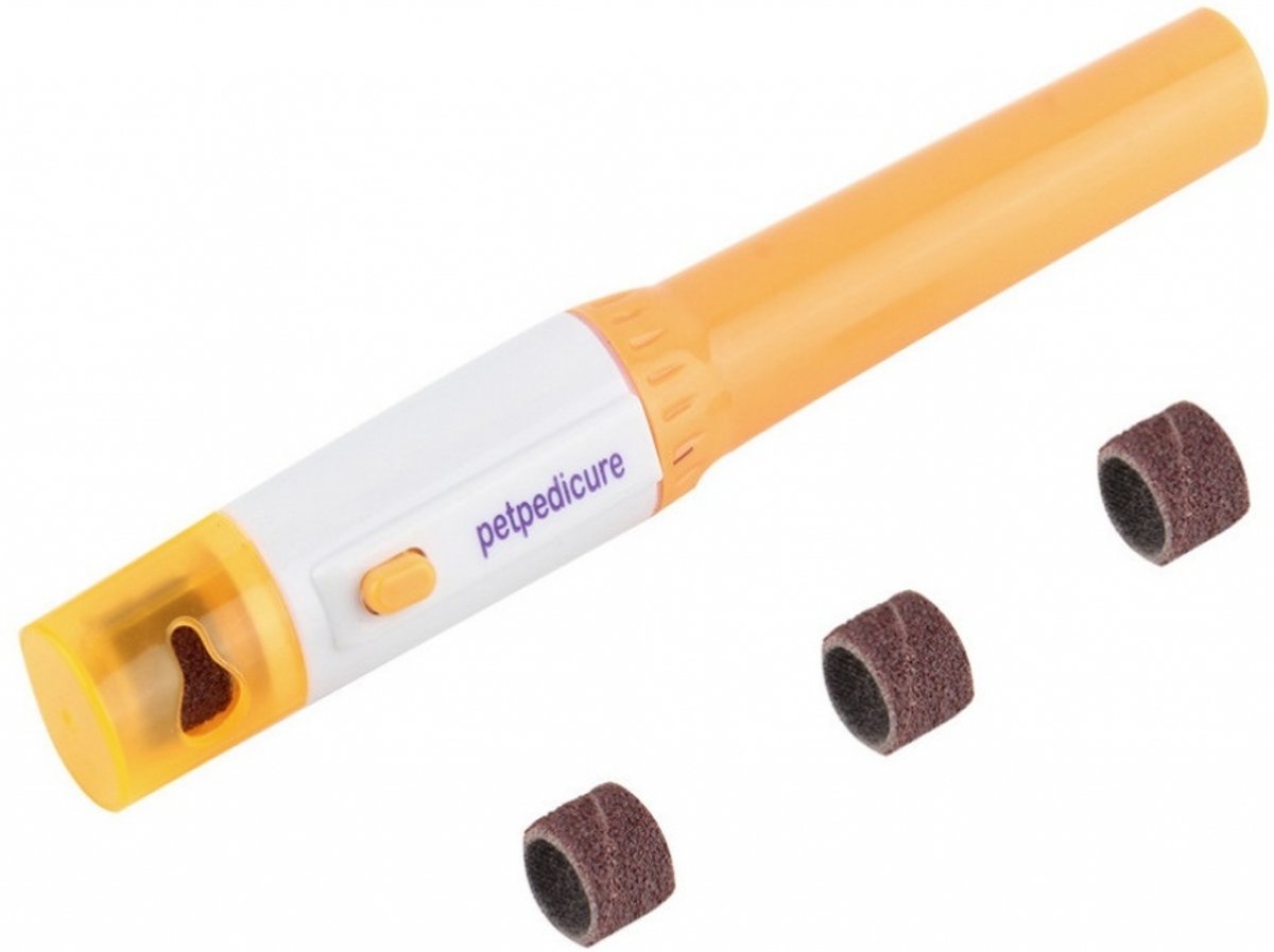 Elektrische Hundenagelfeile, orange-weiß, mit austauschbaren Schleifköpfen, Haustierpflege.