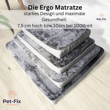 Graue Hundematratze aus Memory-Schaum, stapelbar, verschiedene Größen, ergonomisch, bequem.