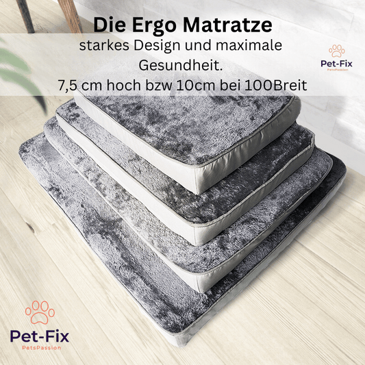 Graue Hundematratze aus Memory-Schaum, stapelbar, verschiedene Größen, ergonomisch, bequem.
