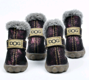 Vier glitzernde Hundeschuhe mit Fellbesatz und Klettverschluss, lila und grau.