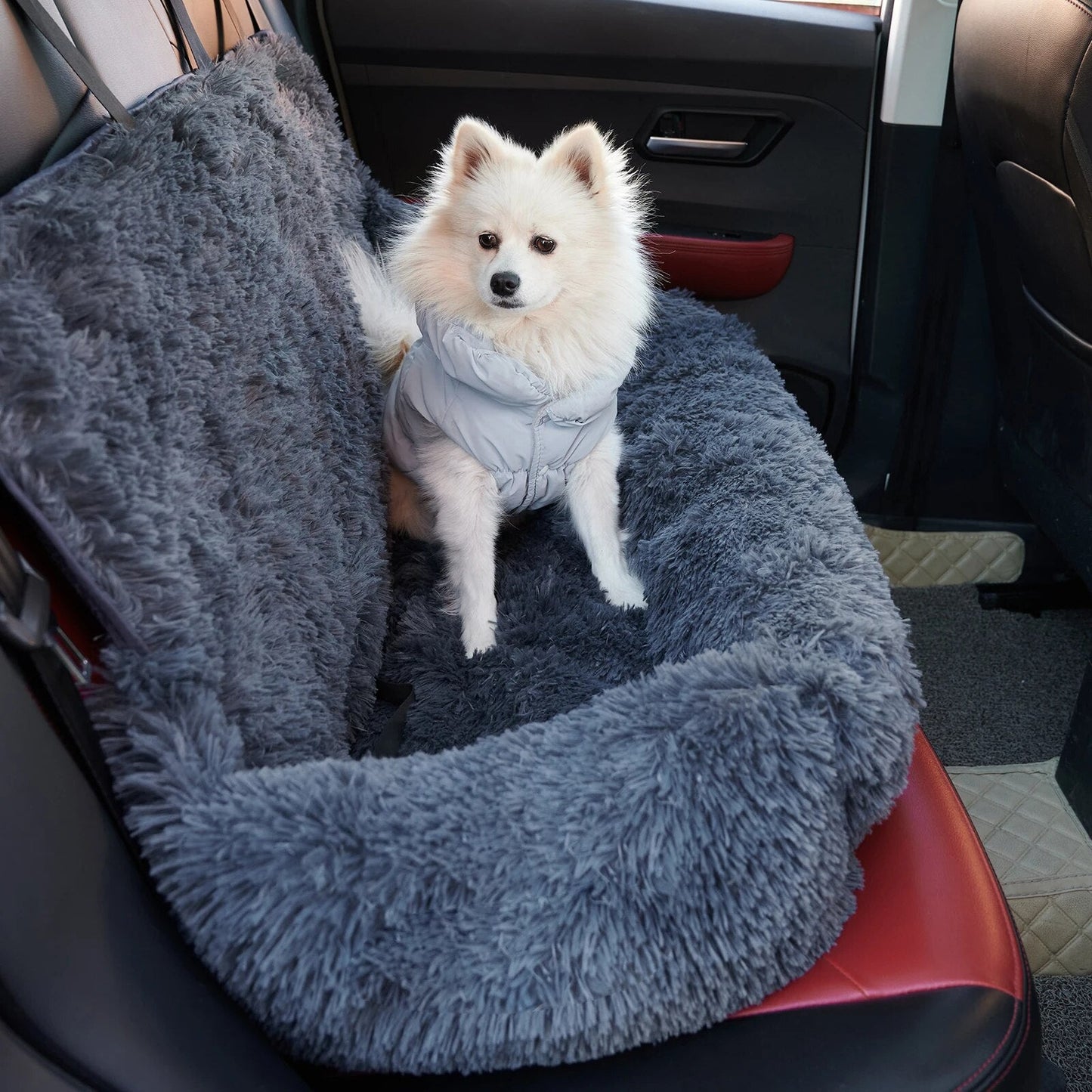 Weißer Hund auf grauem, flauschigem Autositzbezug, Rückbank, Haustierkomfort, Autoinnenraum.