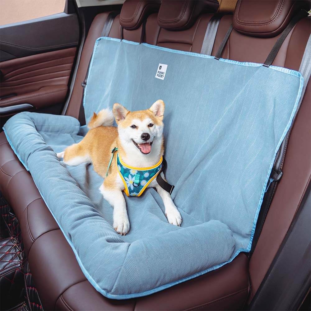 Hund auf blauem Autositz-Hundebett, Rücksitz, bequem, sicher, Haustiertransport, Autozubehör.
