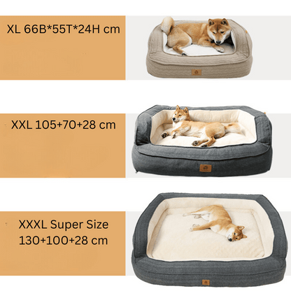 Hundebett in verschiedenen Größen, beige und grau, mit Hund, bequemes Haustierbett.