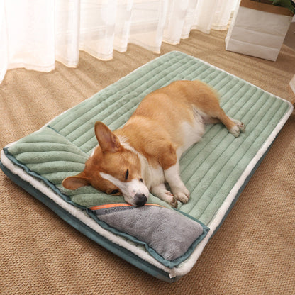 Schlafender Corgi auf grünem Hundebett mit Kissen, gemütlich, Haustierbedarf, Innenraum.
