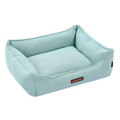 Mintgrünes Hundebett, rechteckig, mittlere Größe, weicher Stoff, erhöhtes Randdesign.
