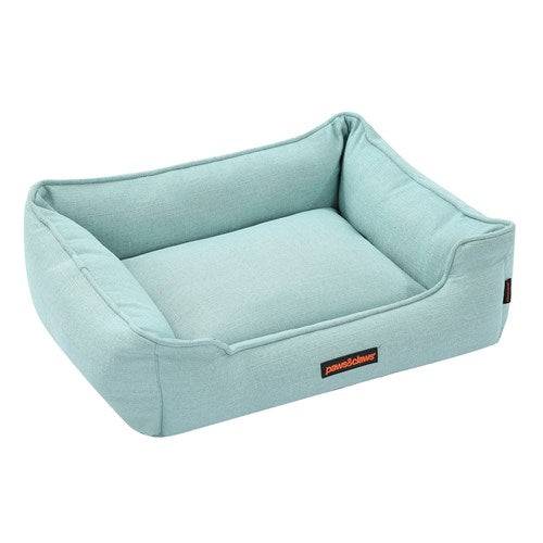 Mintgrünes Hundebett, rechteckig, mittlere Größe, weicher Stoff, erhöhtes Randdesign.
