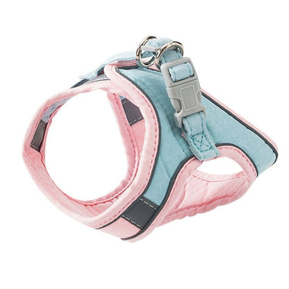 Rosa und blaues Hundegeschirr, verstellbar, atmungsaktiv, mit Sicherheitsverschluss.