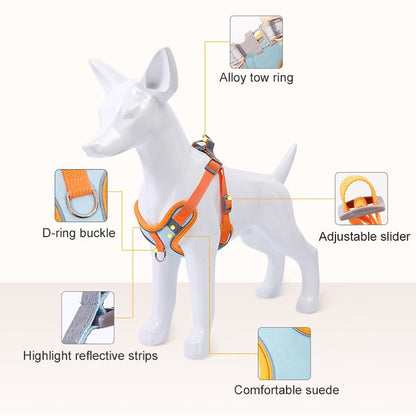 Orange Hundegeschirr mit D-Ring, verstellbarem Schieber, reflektierenden Streifen, bequemem Wildleder.