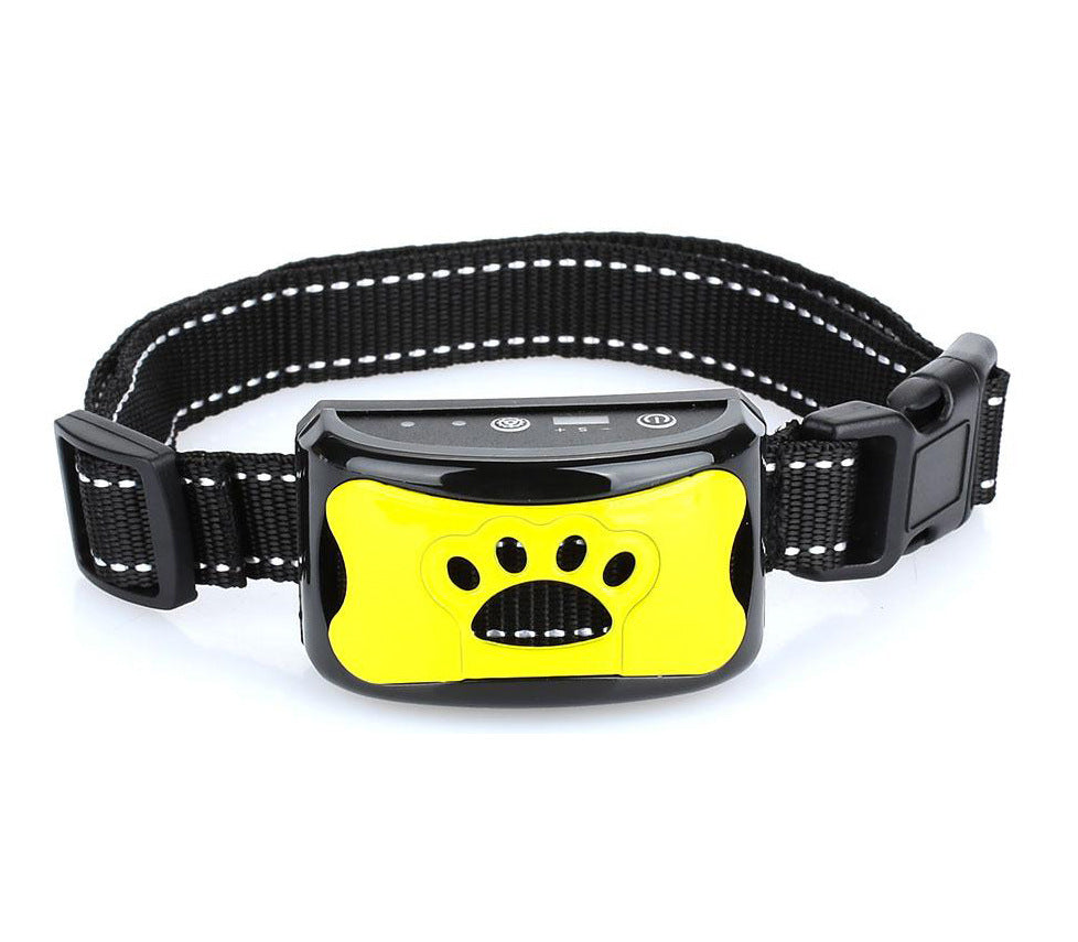 Gelbes Anti-Bell-Halsband für Hunde, verstellbar, mit schwarzem Nylonband und Pfotenmotiv.