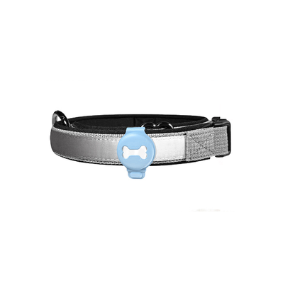 Graues Hundehalsband mit blauem GPS-Tracker, reflektierend, sicher, Haustierzubehör.