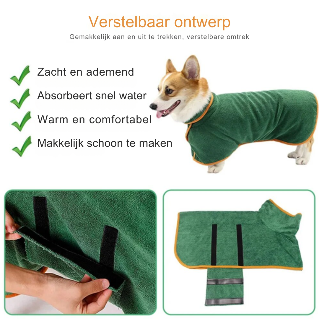 Grüner Hundebademantel, verstellbar, weich, saugfähig, bequem, leicht zu reinigen.