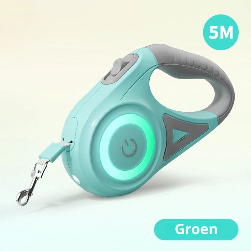 Grüne Hundeleine, 5m, ausziehbar, ergonomischer Griff, LED-Licht, für Hunde, robustes Design.