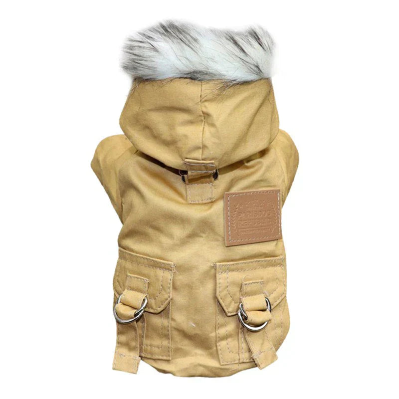 Hundemantel beige mit Kapuze und Kunstfell, wasserdicht, Winterbekleidung für kleine Hunde.