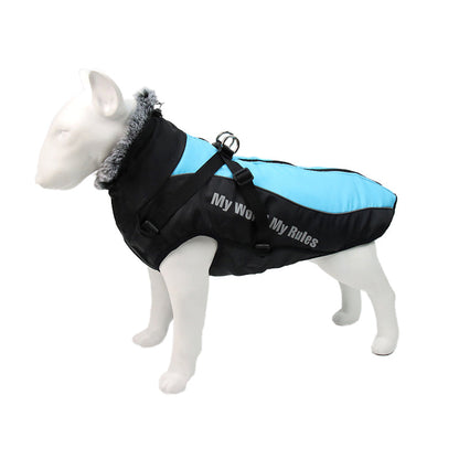 Hundemantel blau-schwarz, wasserdicht, mit Aufschrift "My work My rules", für kaltes Wetter.