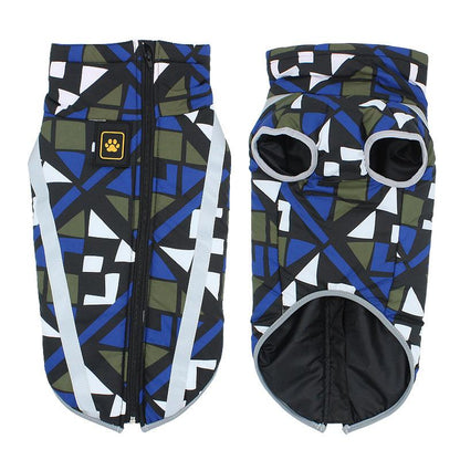 Hundemantel geometrisches Muster, blau-schwarz, Reißverschluss, wasserdicht, Winterbekleidung.