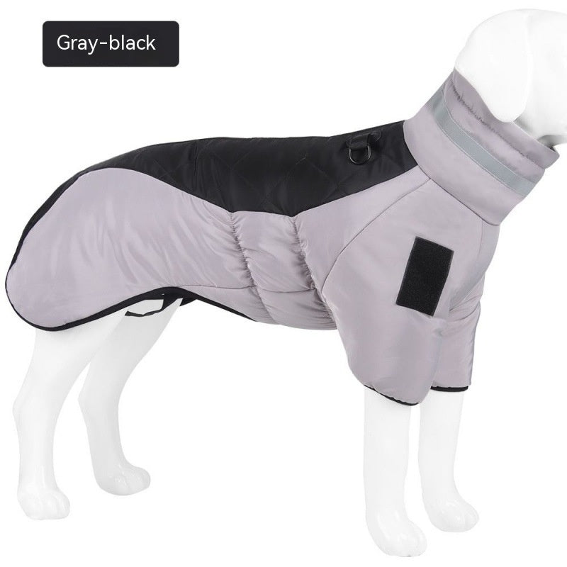 Grauer Hundemantel, wasserdicht, reflektierend, für kaltes Wetter, mit Klettverschluss.