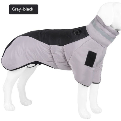 Grauer Hundemantel, wasserdicht, reflektierend, für kaltes Wetter, mit Klettverschluss.