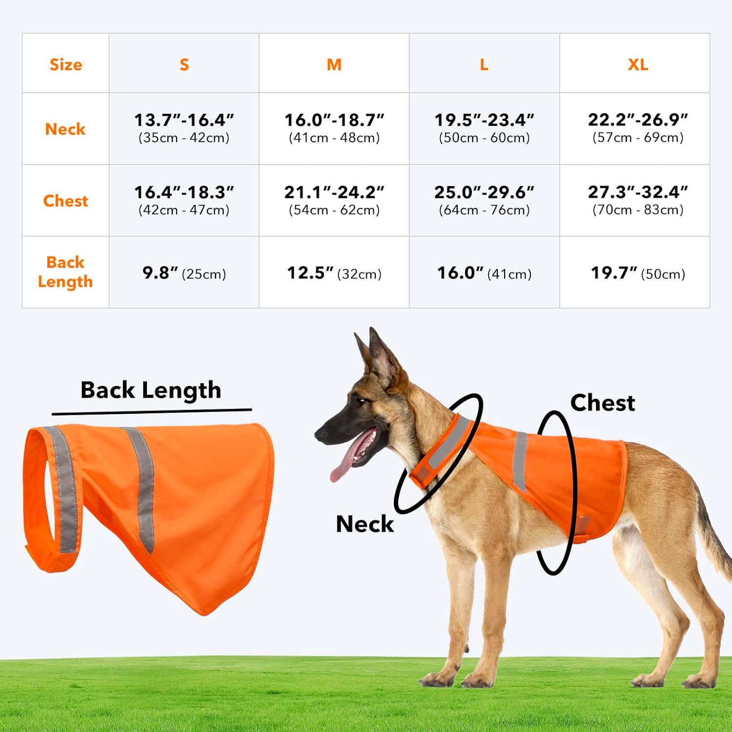 Orangefarbene Hundeweste mit reflektierenden Streifen, Größenübersicht für S bis XL.
