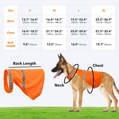 Orangefarbene Hundeweste mit reflektierenden Streifen, Größenübersicht für S bis XL.