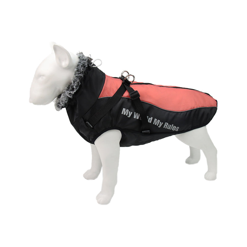 Hundemantel rosa-schwarz, wasserdicht, mit Aufschrift "My world My Rules", Winterbekleidung.