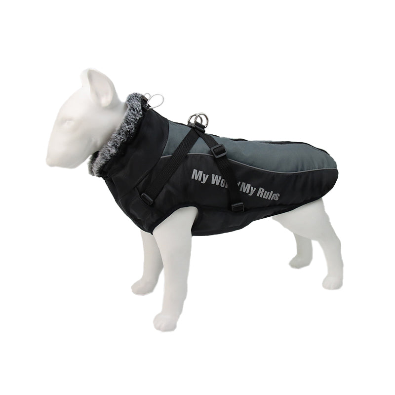 Weiße Hundepuppe mit schwarzem Hundemantel, Aufschrift "My World My Rules", Winterkleidung.