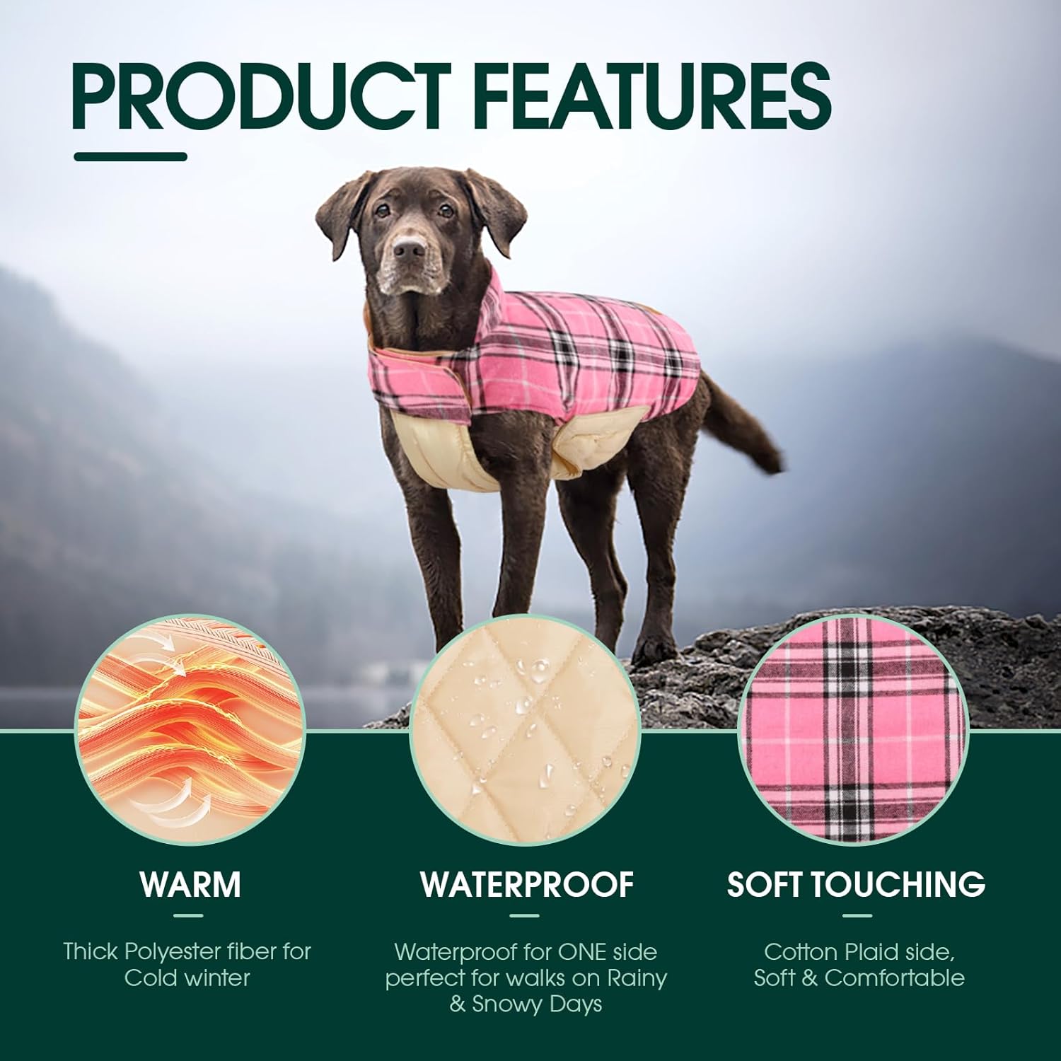 Hundemantel rosa kariert, wasserdicht, warm, weiche Baumwolle, ideal für kalte Wintertage.
