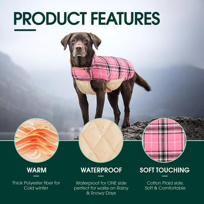 Hundemantel rosa kariert, wasserdicht, warm, weiche Baumwolle, ideal für kalte Wintertage.