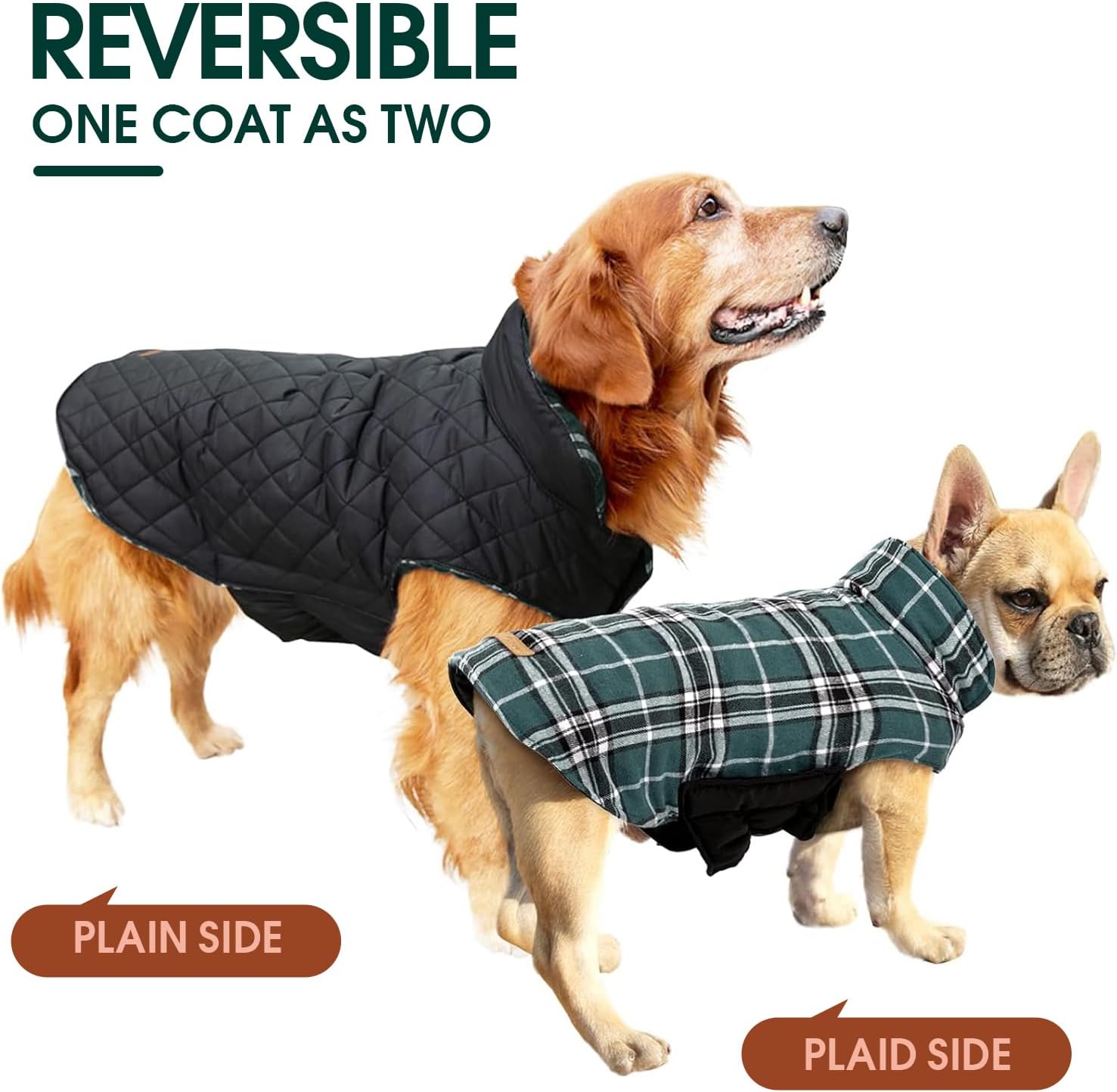 Wendbarer Hundemantel, schwarz und kariert, für kleine und große Hunde, wasserdicht.