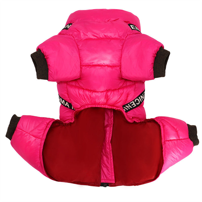 Leuchtend pinker Hundemantel, wasserdicht, warm, mit schwarzem Bündchen, für kaltes Wetter.