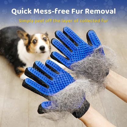 Blaue Haustierpflege-Handschuhe mit Fell, Hund im Hintergrund, fellentfernend, rutschfest.