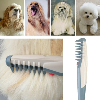 Elektrischer Haustierkamm für Hunde, weiß-grau, Fellpflege, entwirrt und entfernt lose Haare.