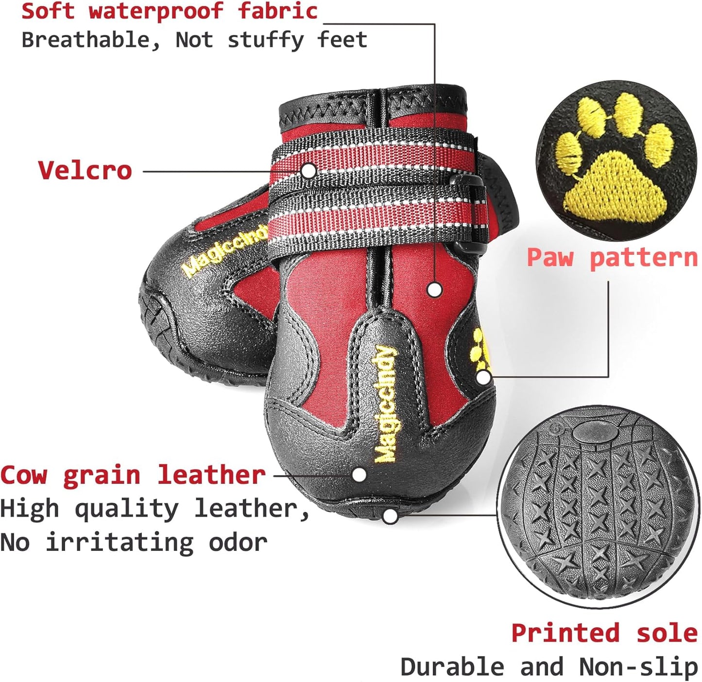 Rote Hundeschuhe aus Leder mit Klettverschluss, wasserdicht, rutschfeste Sohle, Pfotenmuster.