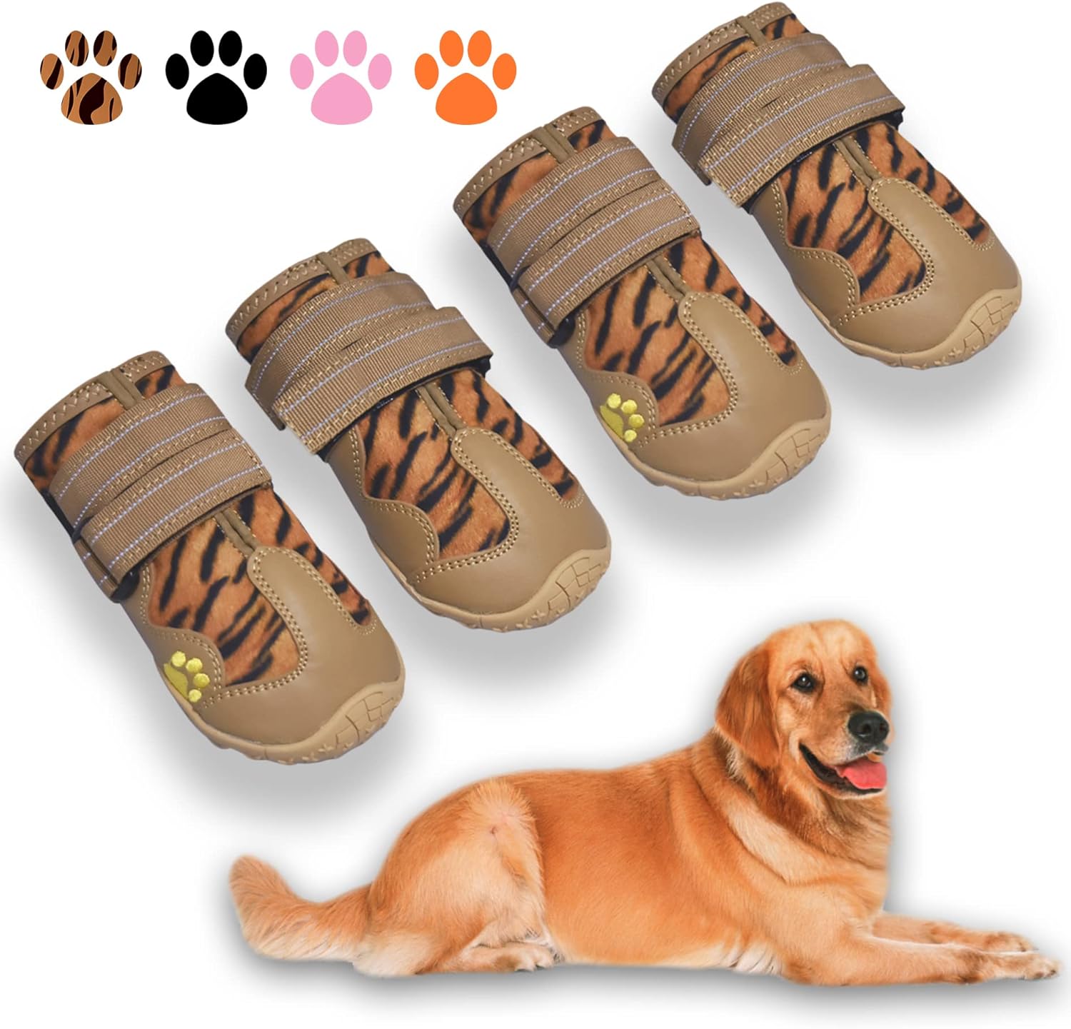 Hundeschuhe, rutschfest, wasserdicht, Tigerstreifen, braun, für mittelgroße Hunde.