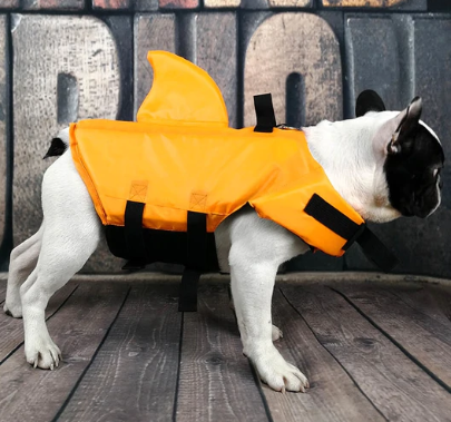 Orange Hundeschwimmweste mit Flosse, Sicherheitsweste für Hunde, Schwimmhilfe, verstellbar.