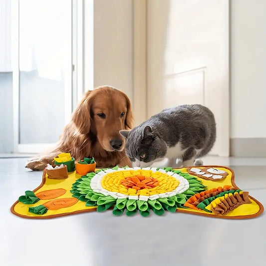 Hund und Katze mit bunter Schnüffelmatte, interaktives Spielzeug für Haustiere, Indoor-Aktivität.