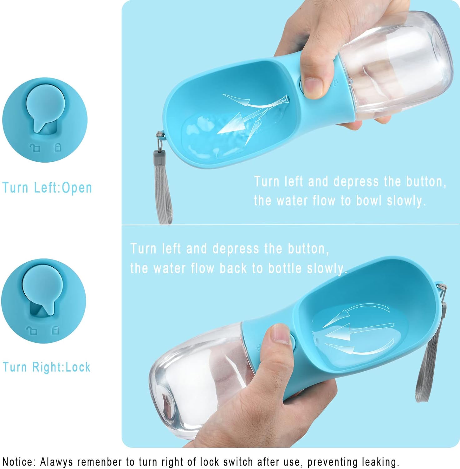 Tragbare Hundewasserflasche, blau, auslaufsicher, für unterwegs, mit Schüssel und Verschluss.