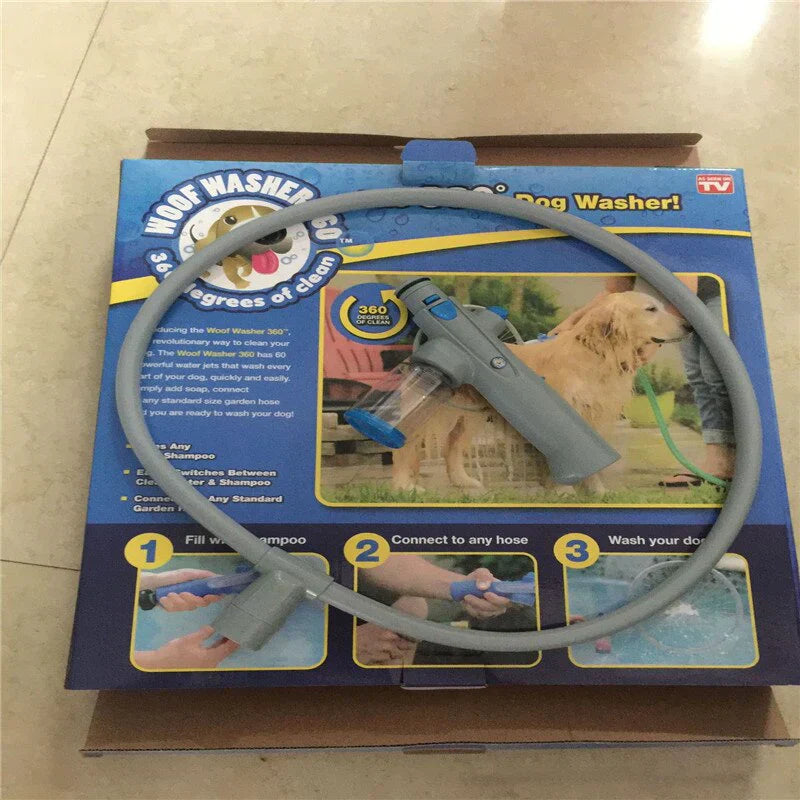 Hundewaschgerät mit Schlauch, grau, auf Verpackung, ideal für Haustierpflege und Reinigung.