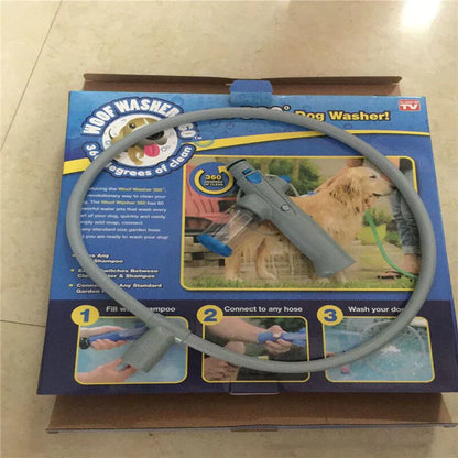 Hundewaschgerät mit Schlauch, grau, auf Verpackung, ideal für Haustierpflege und Reinigung.