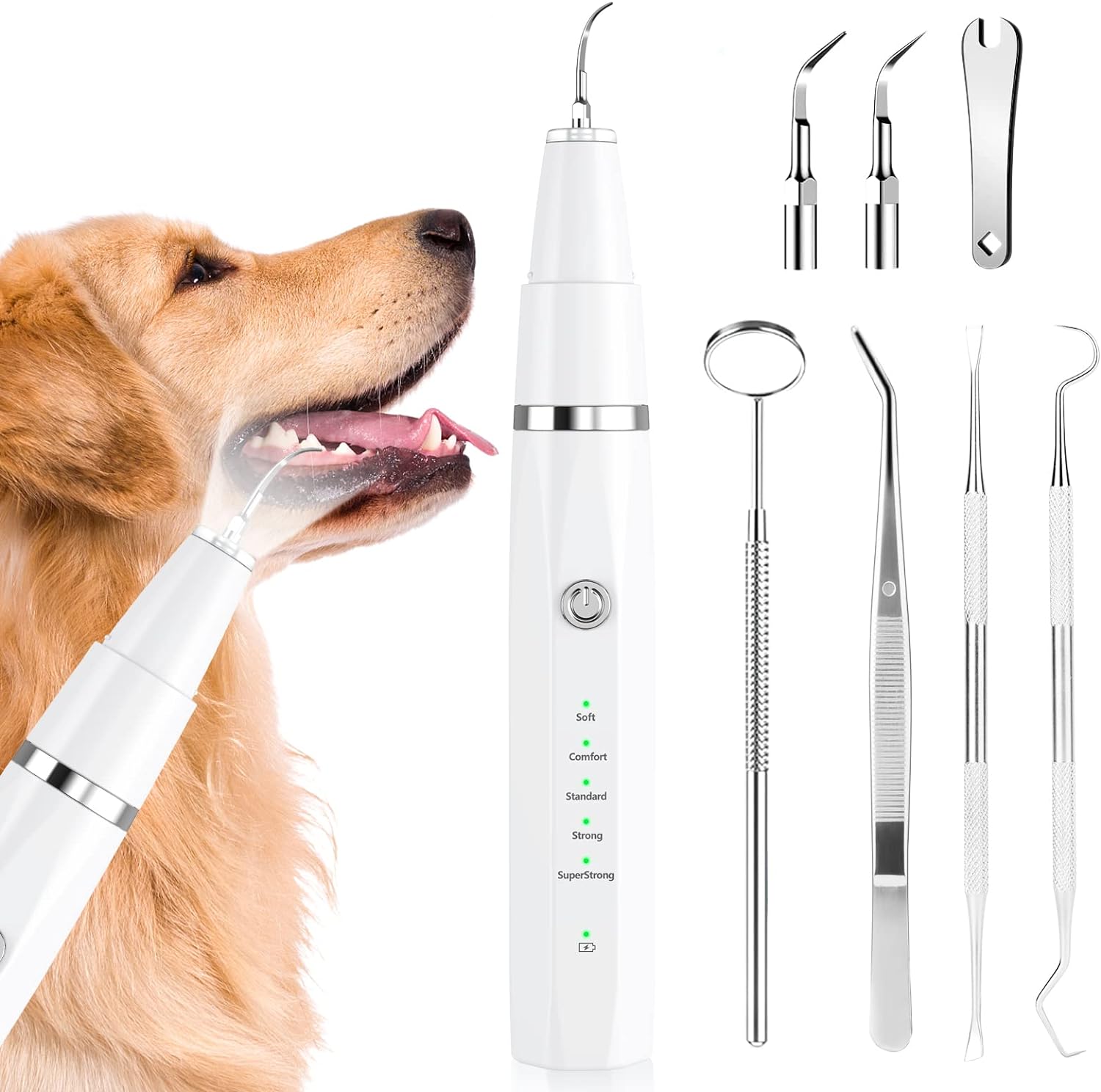 Elektrischer Hundezahnpflegeset, weiß, mit Aufsätzen, Zahnsteinentferner, Zahnpflege für Hunde.