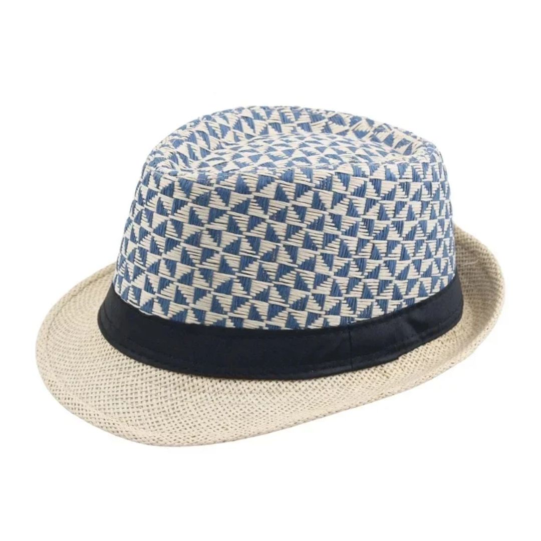 Blauer und beiger Fedora-Hut aus Stroh mit geometrischem Muster, ideal für Sommermode.