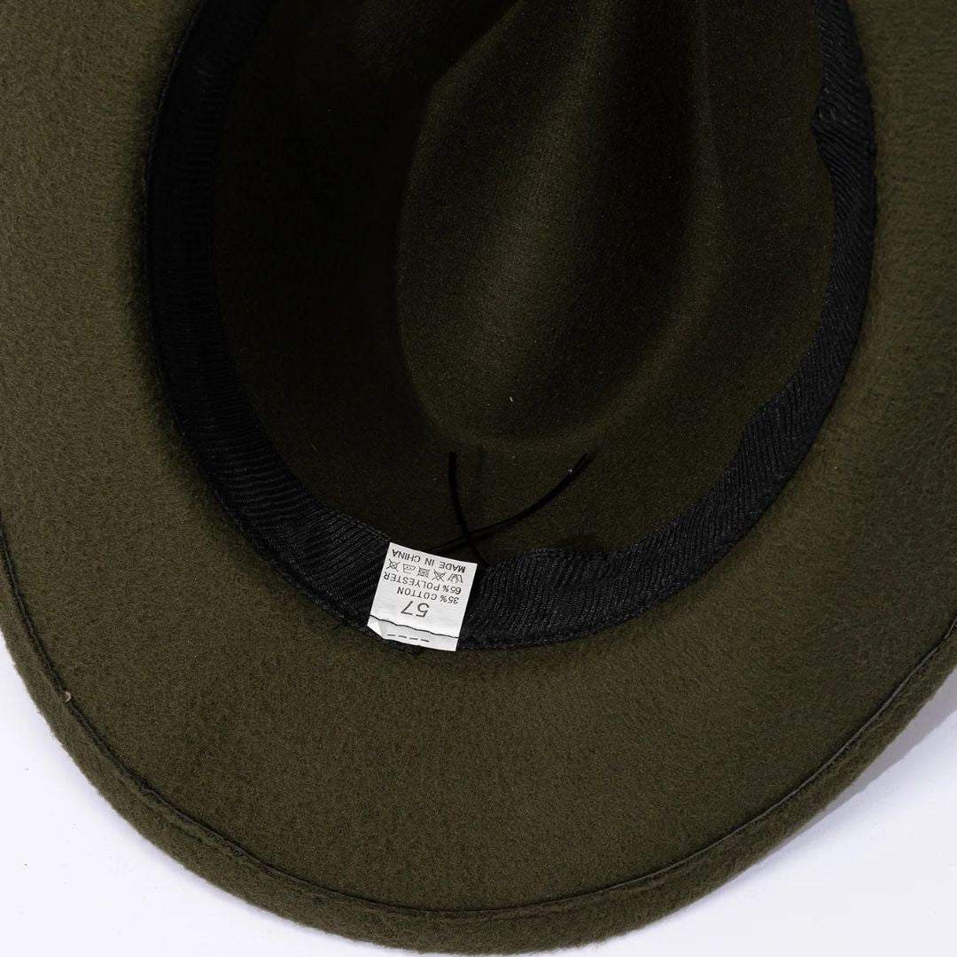 Grüner Filzhut, Innenansicht, Größe 57, aus Wolle, Unisex, modisch, hochwertig, langlebig.