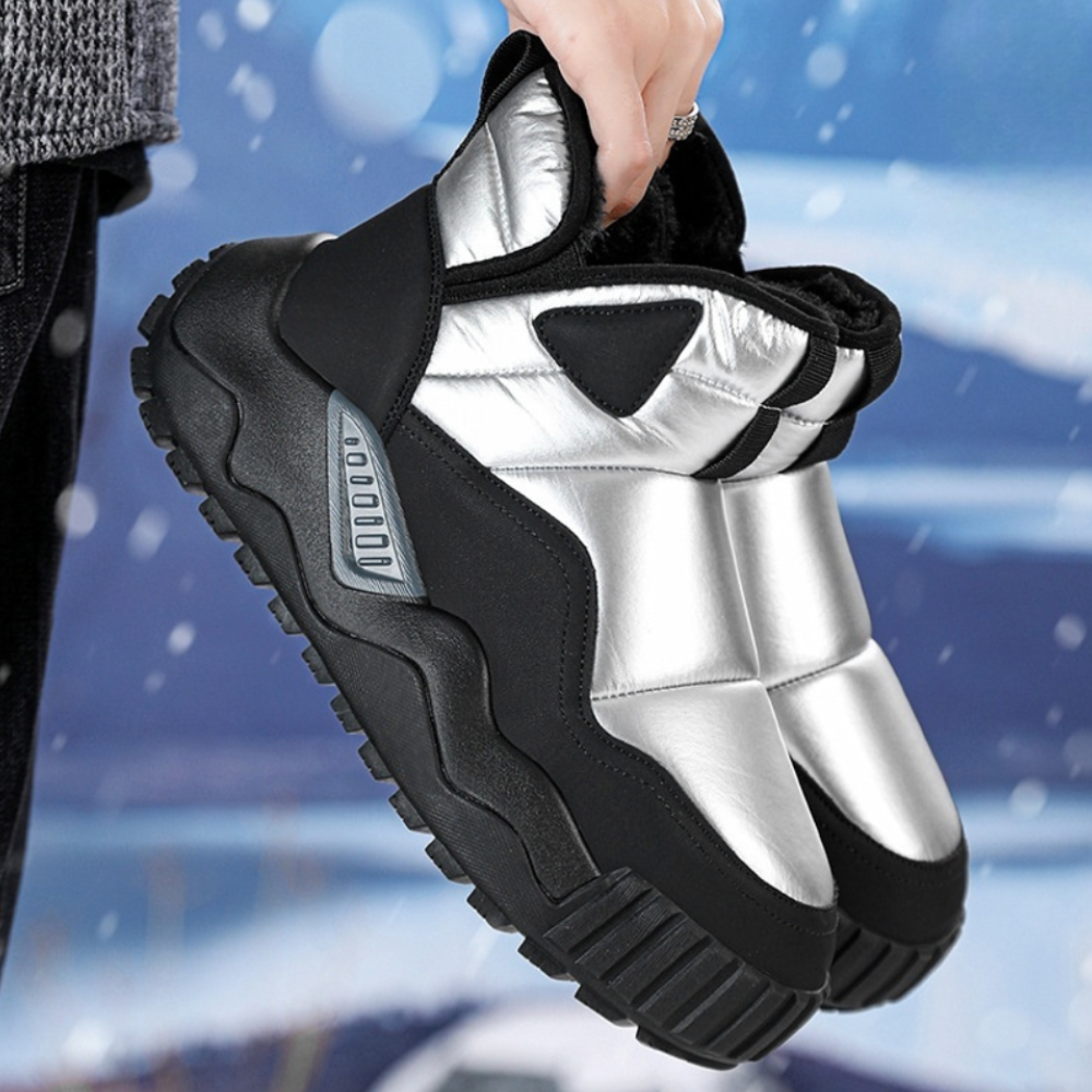 Silberne Winterstiefel, wasserdicht, rutschfest, warm, für Damen und Herren.
