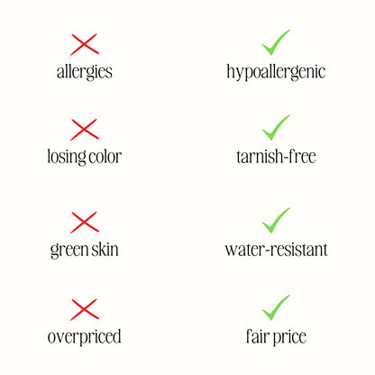Vergleichstabelle Schmuck: hypoallergen, anlaufbeständig, wasserfest, fairer Preis.